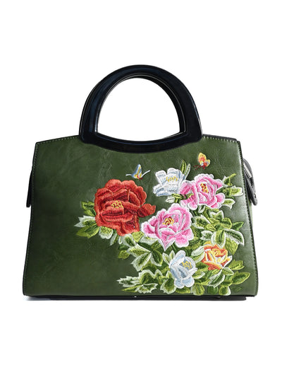 Odette Green PU Embroiderd Hand Bag For Women