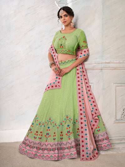 Odette Green Georgette Embroidered Semi Stitched Lehenga With Unstitched Blouse for Women