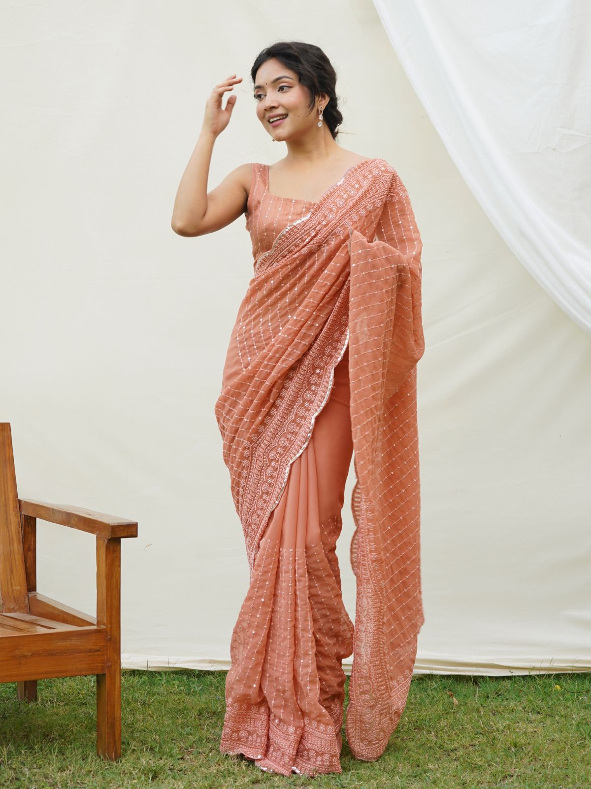 Odette Peach Georgette Embroidered Saree With Unstitched Blouse For Women