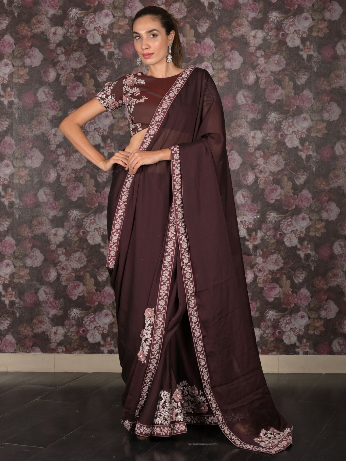 Odette Burgundy Georgette Embroidered Saree With Stitched Blouse For Women