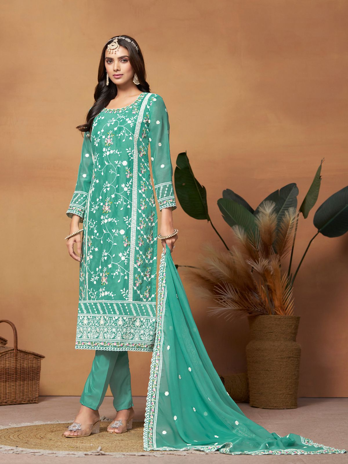 Odette Sea green Embroidered Semi Stitched Kurta Set  For Women