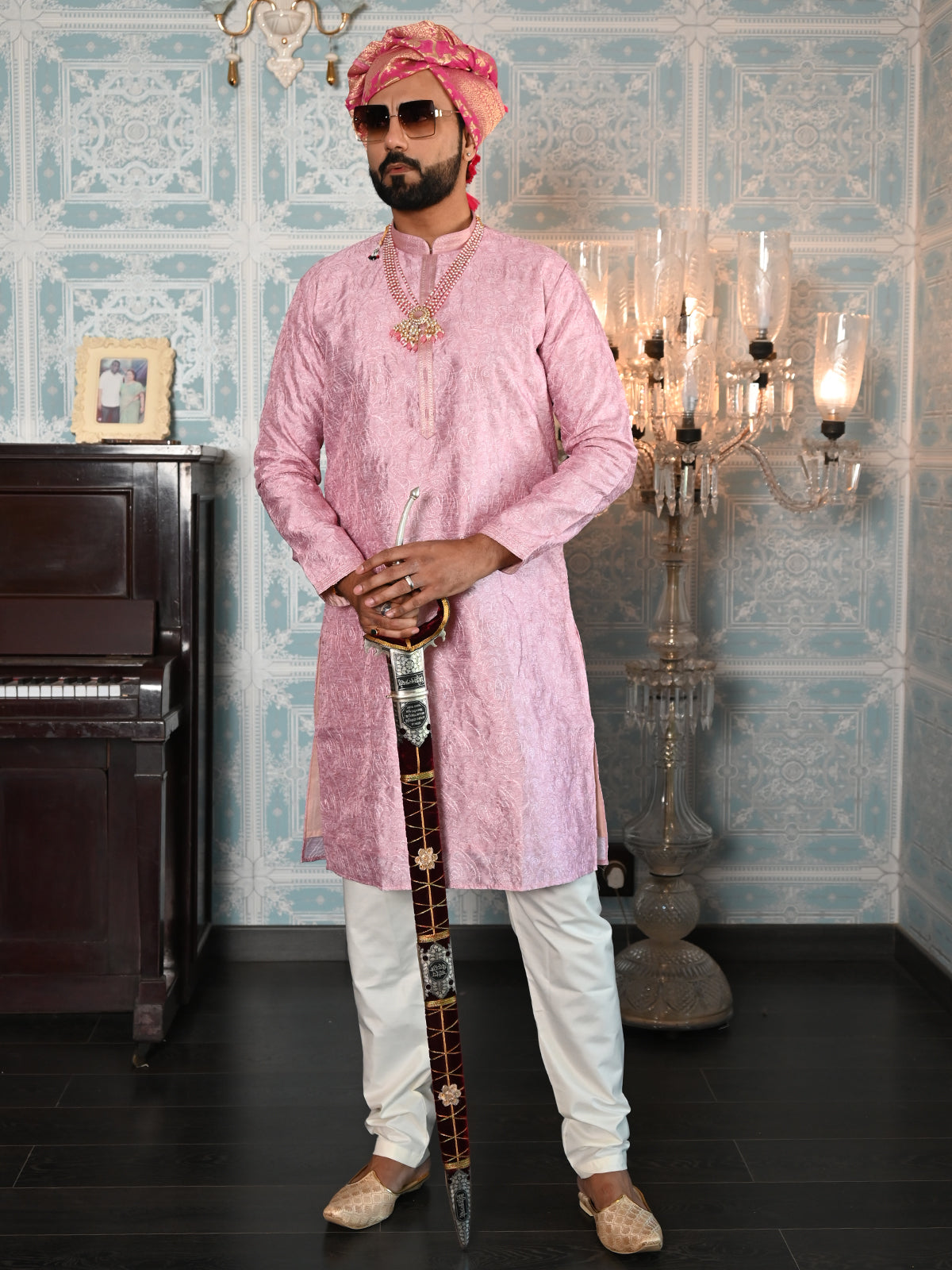 Odette Pink Printed Embroidered Cotton Kurta Set For Men