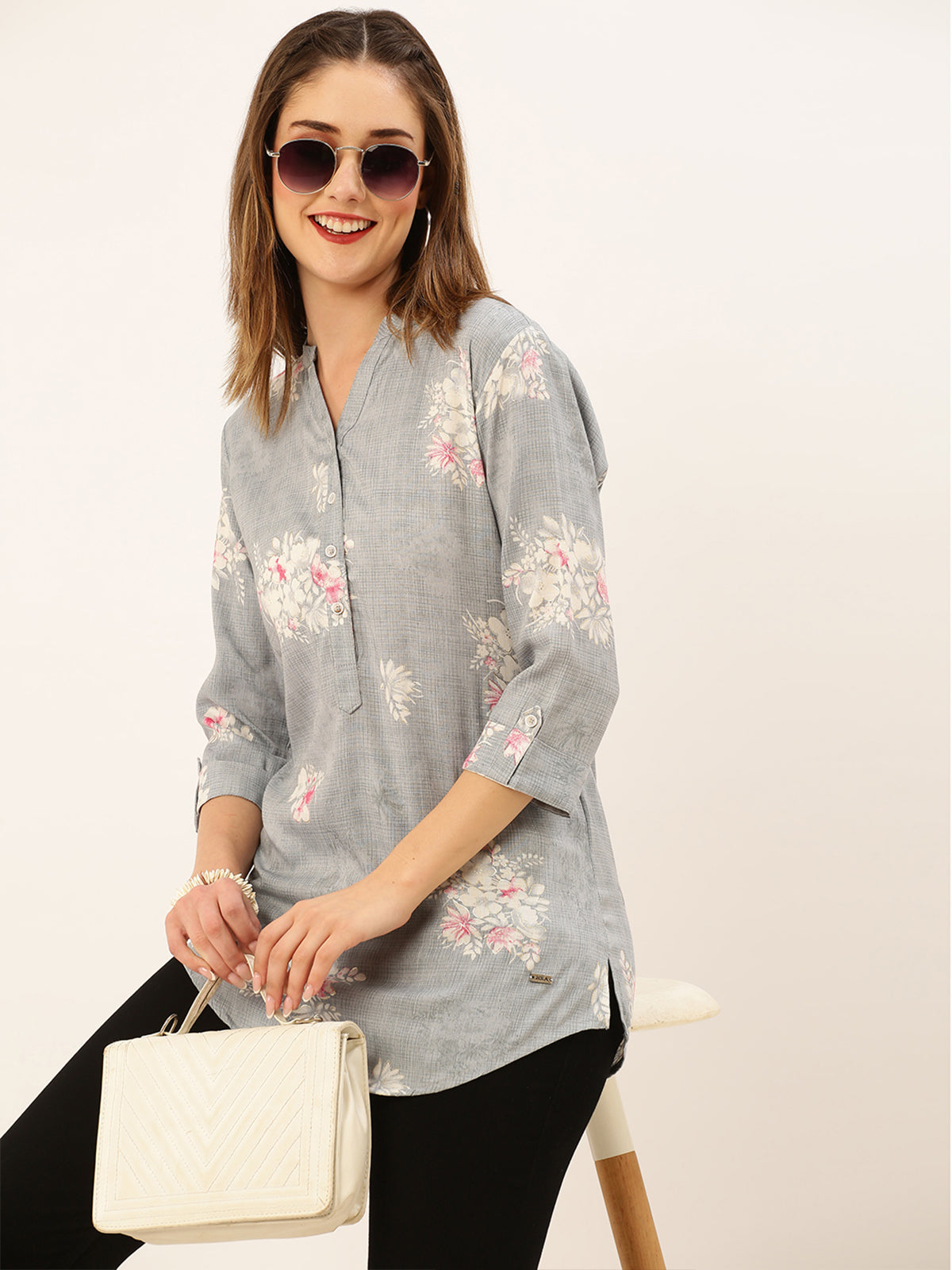 Odette Grey Printed Rayon Stitched Kurta For Women