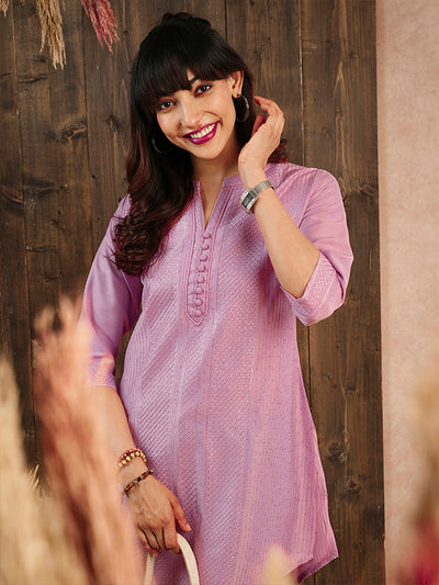 Odette Pink Embroidered Chanderi Silk Stitched Short Kurta For Women