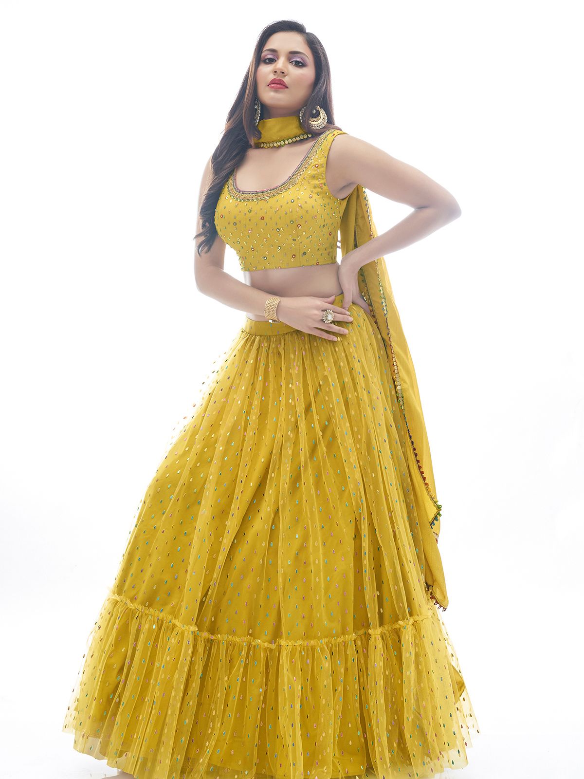 Odette Mustard Chinon Embellished Stitched Lehenga With Stitched Blouse For Women