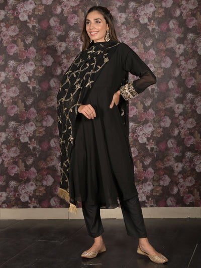 Odette Black Embroidered Stitched Fit and Flare Georgette Kurta Set for Womem