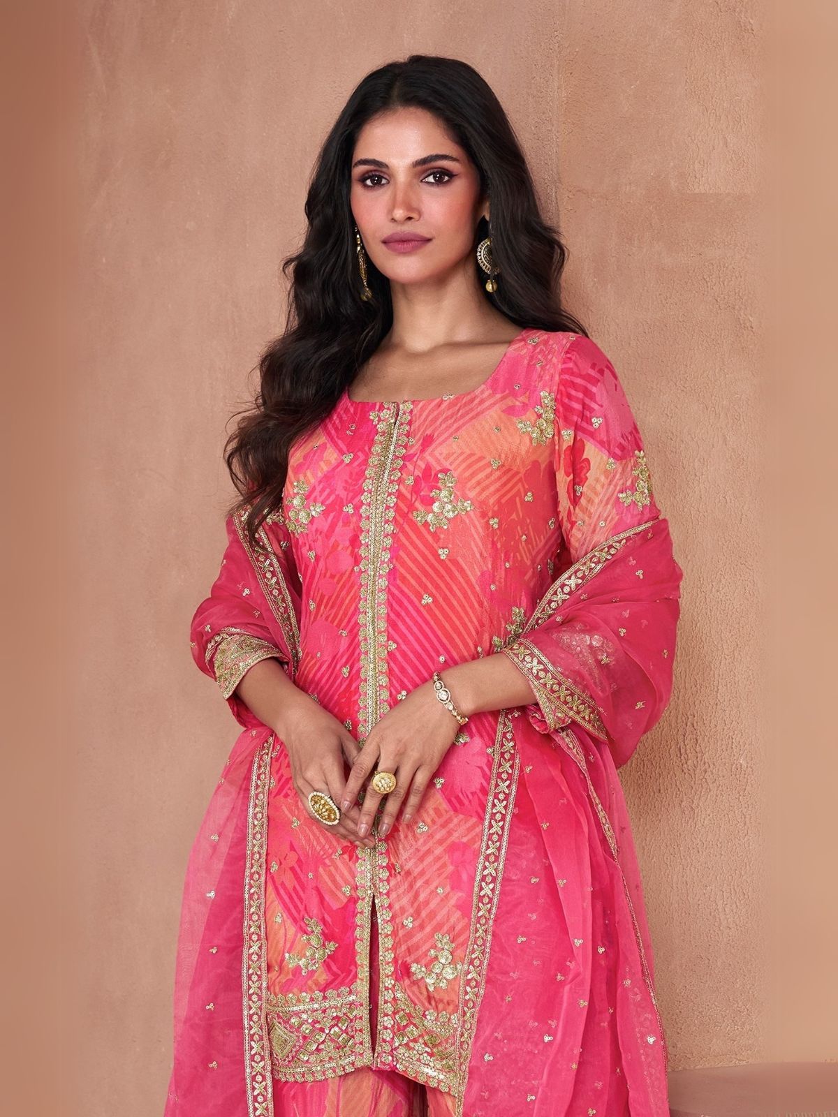 Odette Pink Georgette Embellished Stitched Kurta Set For Women