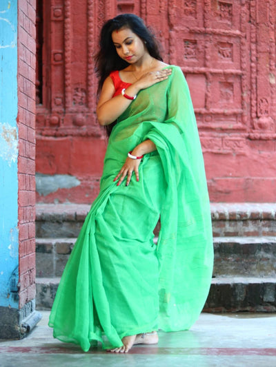 Odette Light Green Cotton  Saree  With Unstitched Blouse for Women