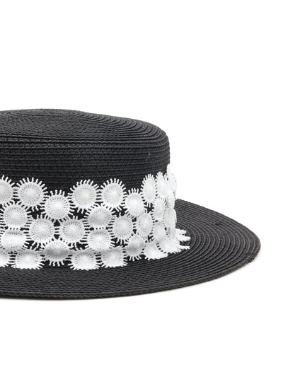 Odette Black and White Embellished Straw Boater Hat for Women