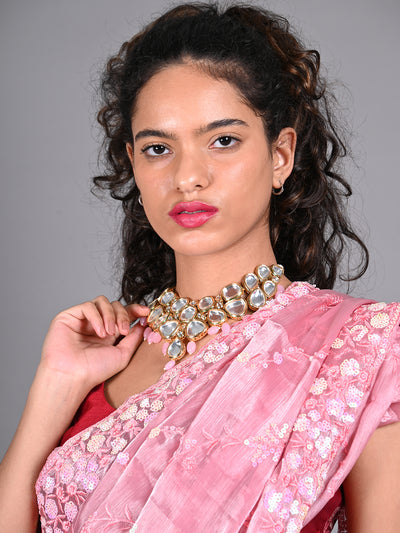 Odette Pink And White Kundan Embellished Choker Neck Piece With Mangteeka For Women