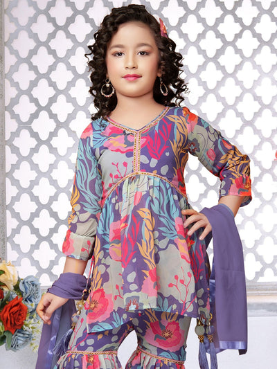 Odette Designer Multicolor Faux Georgette Printed Sharara Suit For Girls