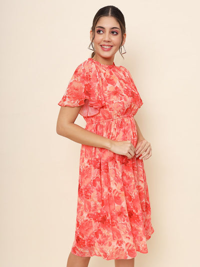 Odette Pink Chiffon Printed Stitched Western Dress For Women