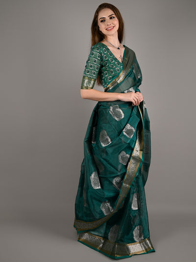 Odette Women Green Organza Woven Saree With Unstitched Blouse