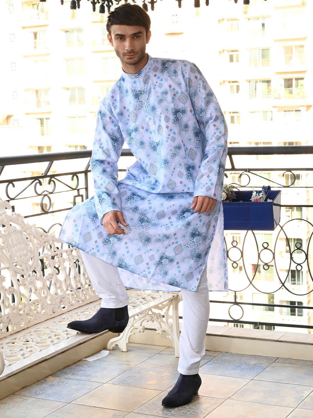 Odette Blue Printed Cotton Traditional Kurta Set For Men