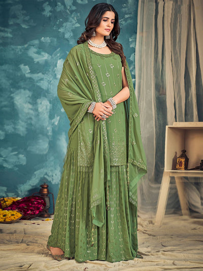 Odette Green Georgette Embellished Stitched Salwar Suit Set For Women