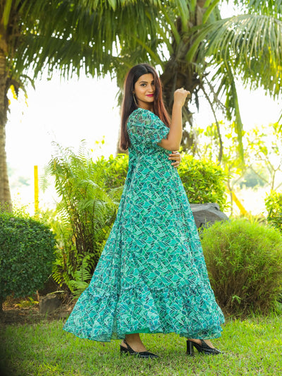 Odette Sea Green Georgette Stitched Printed Indo Western Dress For Women