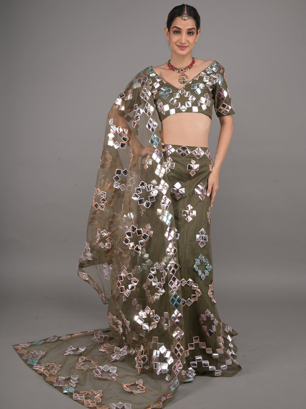 Odette Olive Net Foil Mirror Work Stitched Lehenga Set For Women
