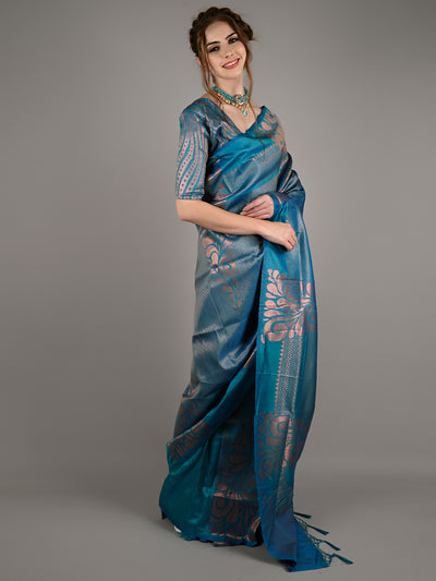 Teal Silk Blend Woven Saree With Unstitched Blouse