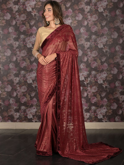 Odette Maroon Jacquard Lycra Woven Saree with Unstitched Blouse for Women