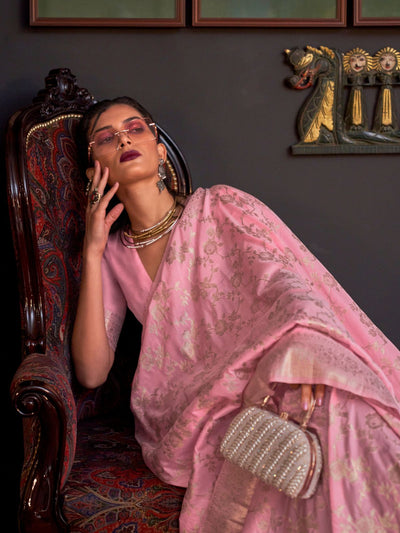 Odette Pink Silk Blend Woven Saree With Unstitched Blouse For Women