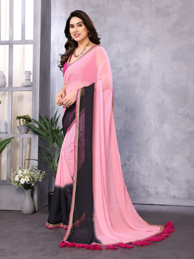 Odette Peach And Black Georgette Lace Work Saree With Unstitched Blouse For Women