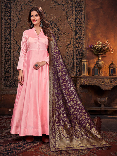 Odette Pink Silk Solid stitched Kurta Set For Women