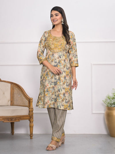 Odette Mustard and grey Chanderi Embroidered And Printed Stitched Kurta Set Without Dupatta For Women