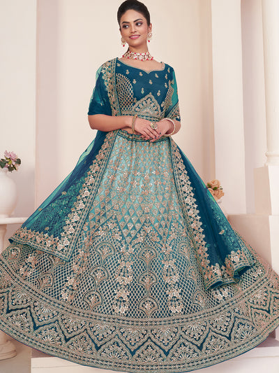 Odette Blue Net Embellished Semi Stitched Lehenga With Unstitched Blouse for Women