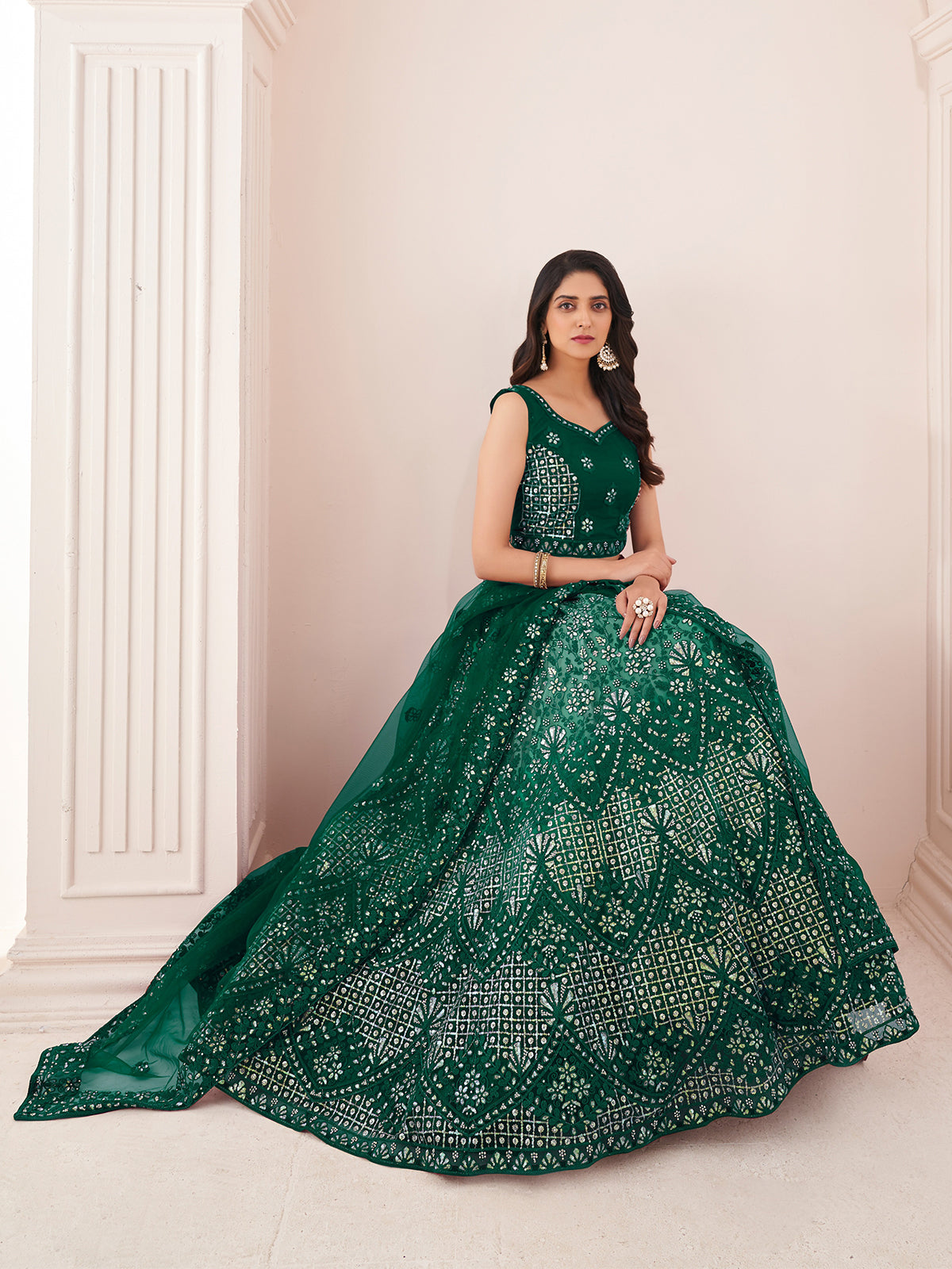 Odette Green Net Embroidered Semi Stitched Lehenga With Unstitched Blouse for Women