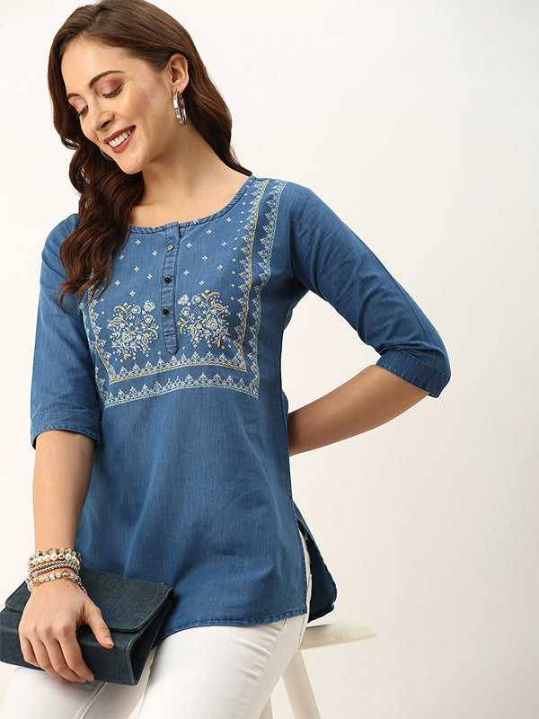 Odette Blue Embroidered Denim Stitched Short Kurta For Women