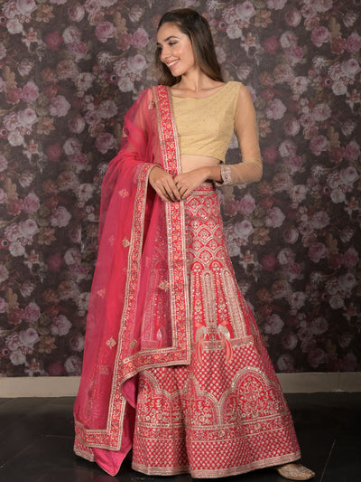 Odette Pink Velvet Embroidered Semi Stitched Lehenga With Unstitched Blouse For Women