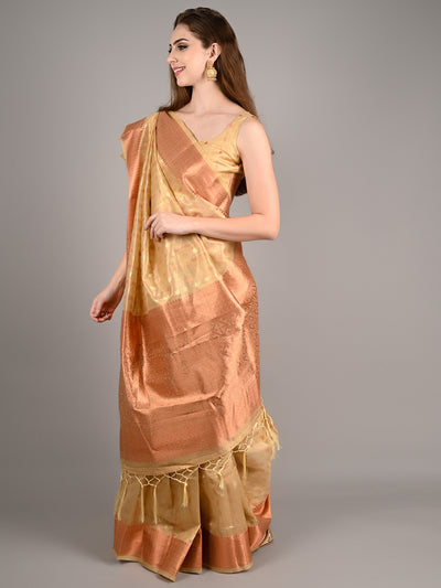 Beige Tissue Woven Saree With Unstitched Blouse