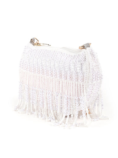 Odette White All-Pearls Tasseled Sling Bag For Women