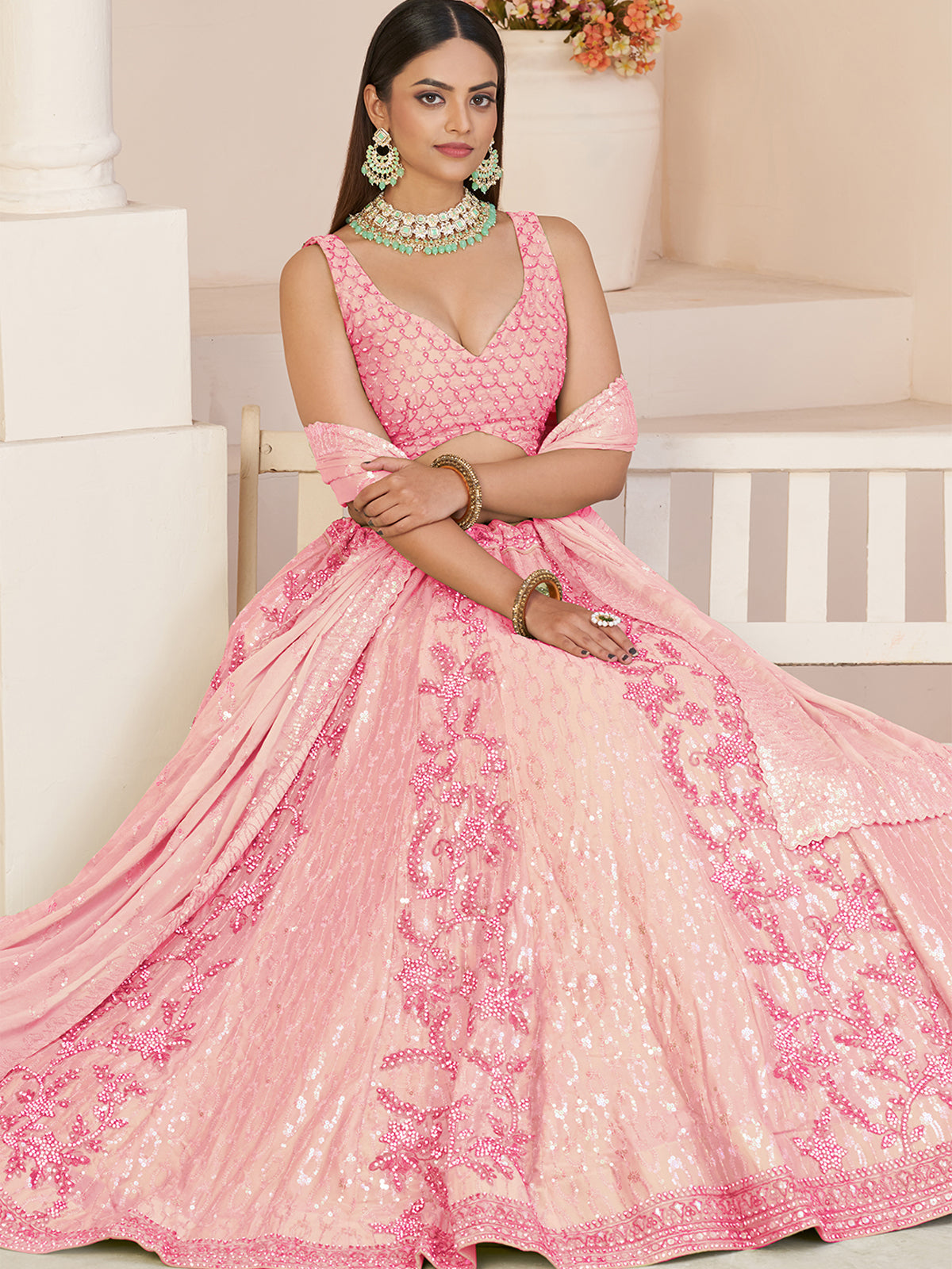 Odette Pink Georgette Embellished Semi Stitched Lehenga With Unstitched Blouse for Women