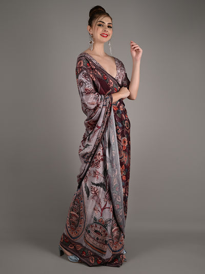 Grey Silk Crepe Floral Printed Saree With Unstitched Blouse