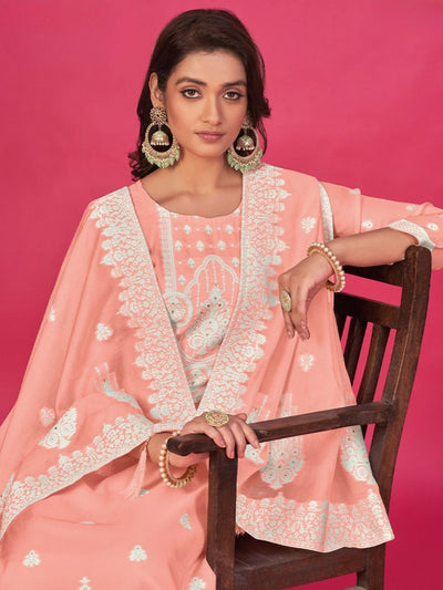 Odette Peach Organza Embroidered Semi-Stitched Kurta Set For Women