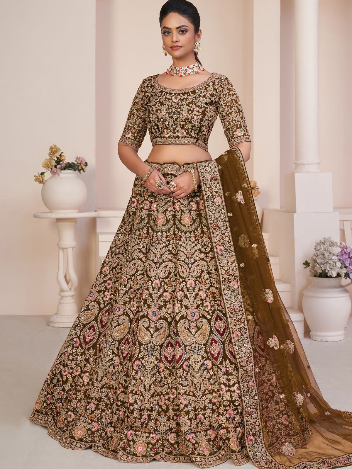 Odette Brown Net Embroidered Semi Stitched Lehenga With Unstitched Blouse for Women