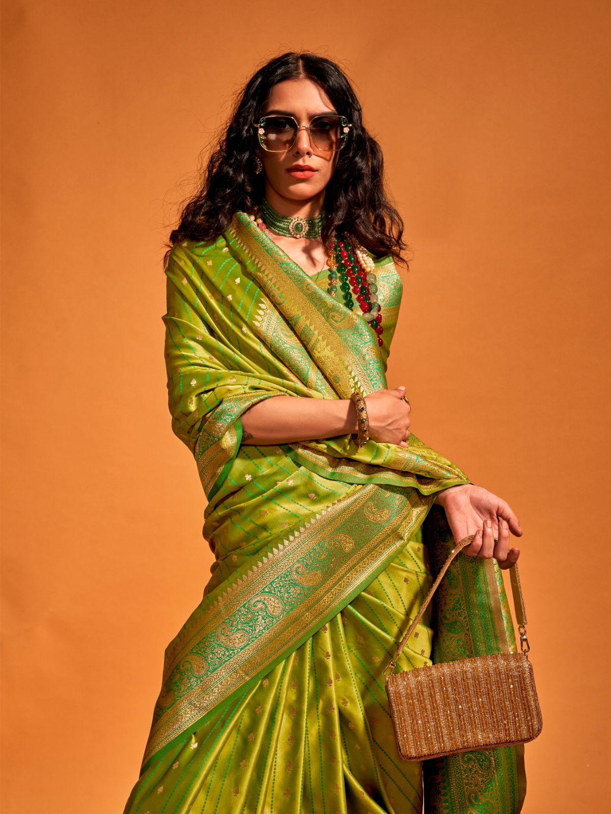 Odette Green Satin Woven Saree With Unstitched Blouse For Women