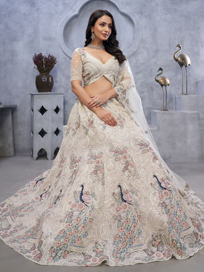 Odette White Soft Net Embellished Semi-Stitched Lehenga With Unstitched Blouse For Women