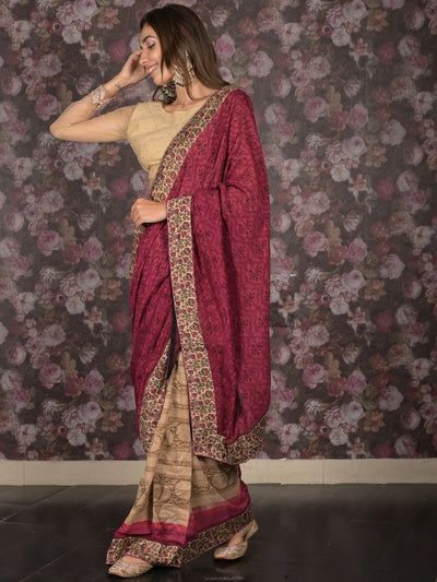 Odette Purple Printed Chiffon Saree Without Blouse for Women