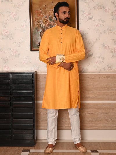 Odette Yellow Woven Cotton Polyester Kurta Set For Men