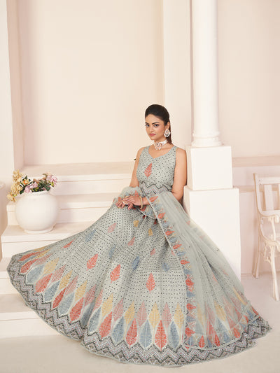 Odette Grey Georgette Embroidered Semi Stitched Lehenga With Unstitched Blouse for Women