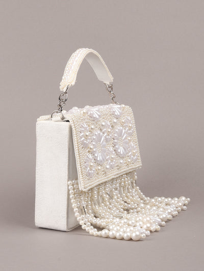 Odette White Tassels Embellished Clutch For Women