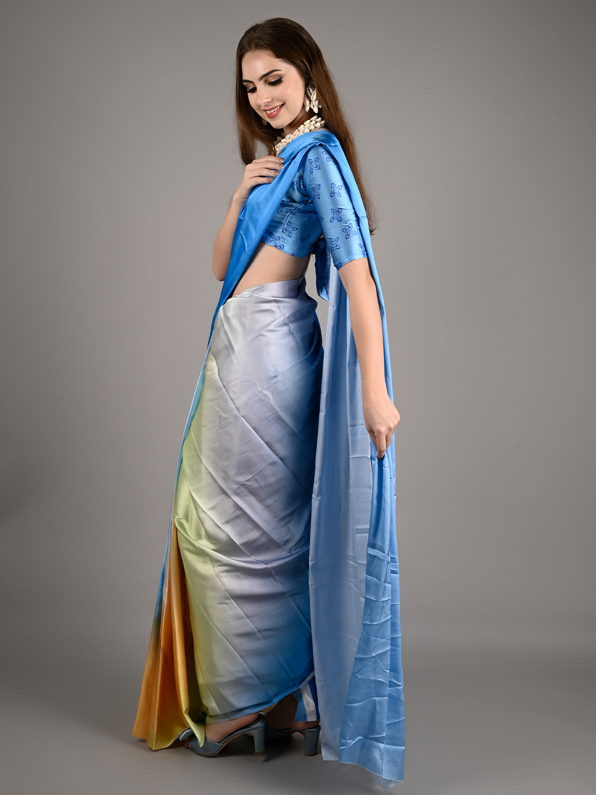 Yellow And Blue Satin Crepe Printed Saree With Unstitched Blouse