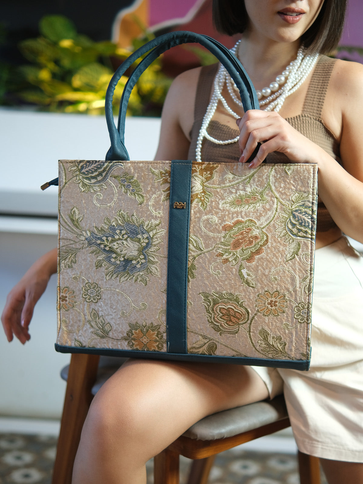 Odette Beige Polyester Printed Tote Bag For Women