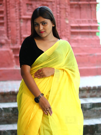 Odette Yellow Cotton  Saree  With Unstitched Blouse for Women