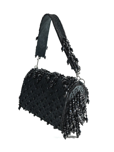 Odette Black Suede Embellished Hand Bag For Women