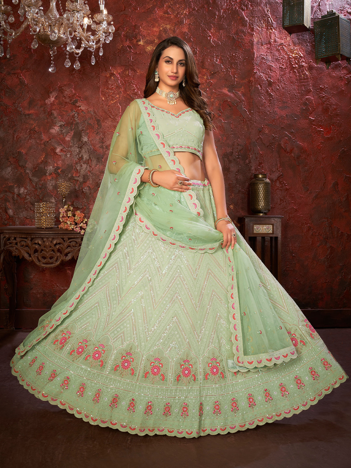 Odette Green Georgette Embellished Semi Stitched Lehenga With Unstitched Blouse for Women