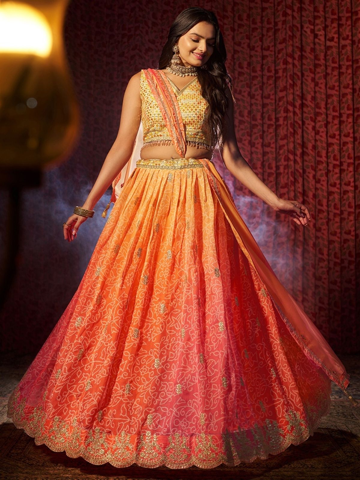 Odette Orange Organza Embroidered Semi-Stitched Lehenga For Women