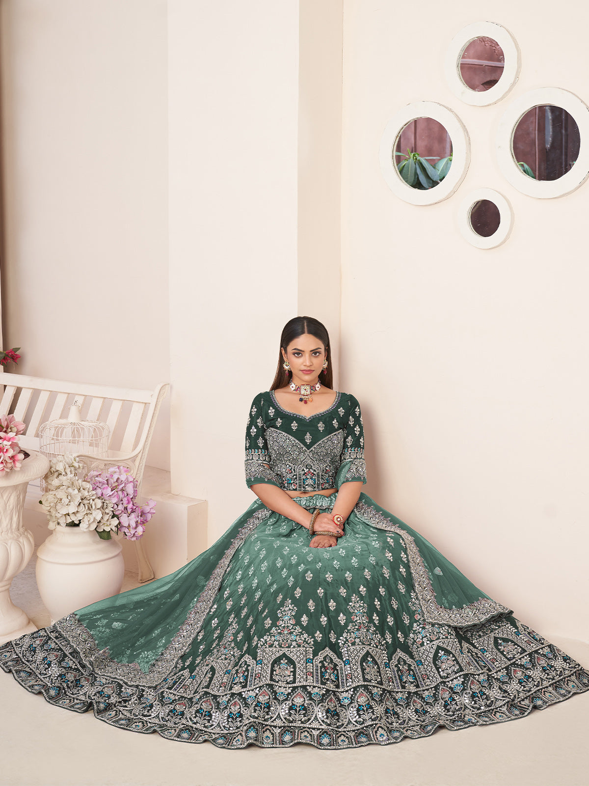 Odette Green Crepe Embroidered Semi Stitched Lehenga With Unstitched Blouse for Women